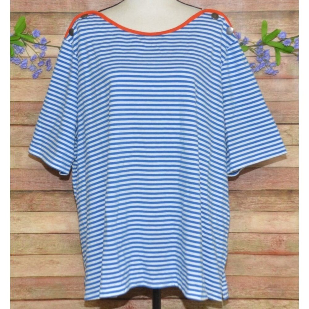 Multiples Blue Striped Plus 3X Button Shoulder Boat Neck Nautical Top Casual